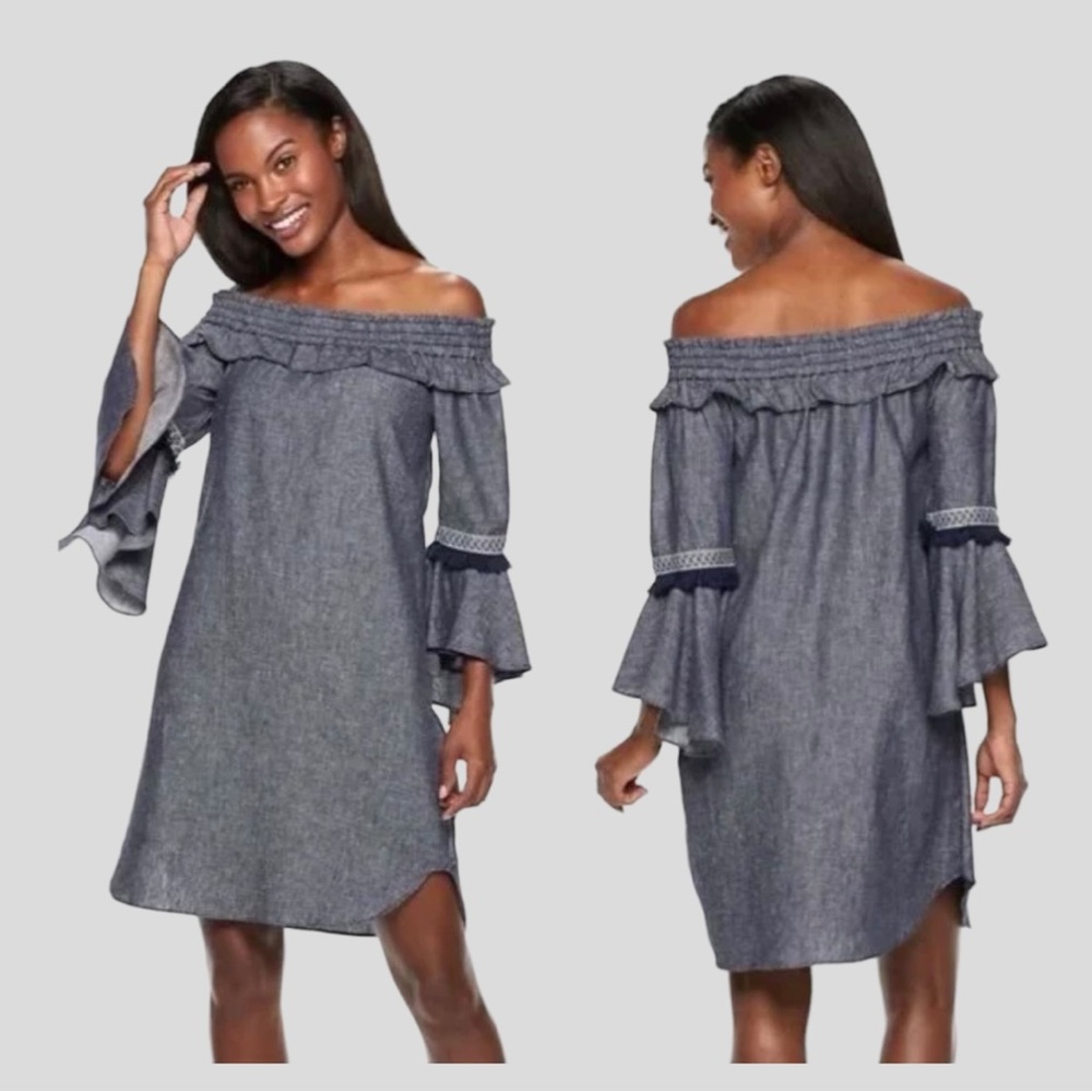 Hope & Harlow Off the Shoulder Linen Denim Dress Women's 8 Flared Bell S…